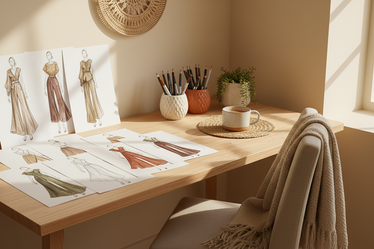 bureau avec croquis de mode et materiel de dessin ( theme boheme minimaliste