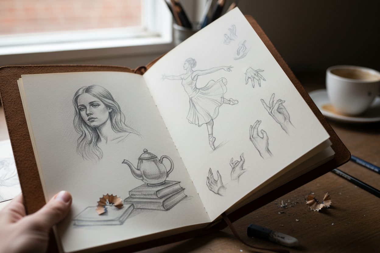 video d'un livre qui s'ouvre un sketch book avec dessin en crayon